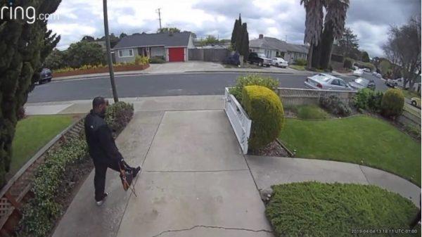 Suspect seen leaving Rand Street home in San Mateo, California, on April 4, 2019. (Ring.com)