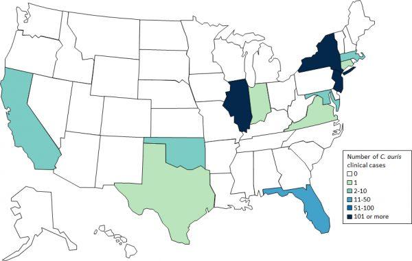 A map of Candida auris cases in the United States. (CDC)