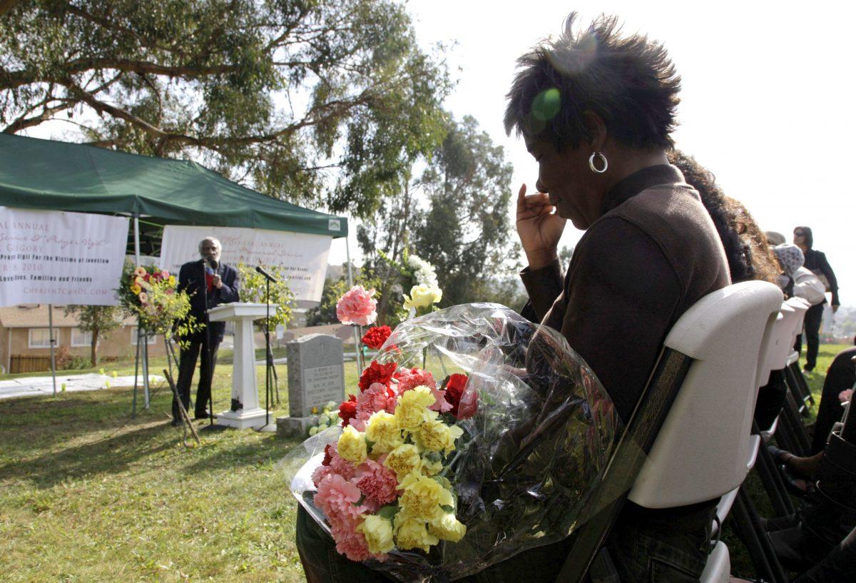 People attend the 32nd annual memorial service and prayer vigil to remember the more than 900 victims of the Jonestown massacre in Oakland, Calif., on Nov. 18, 2010. Cult leader Jim Jones was a Marxist believer and set the original teachings of Marxism-Leninism and Mao Zedong Thought as the doctrine of the Peoples Temple. (Eric Risberg/AP Photo)