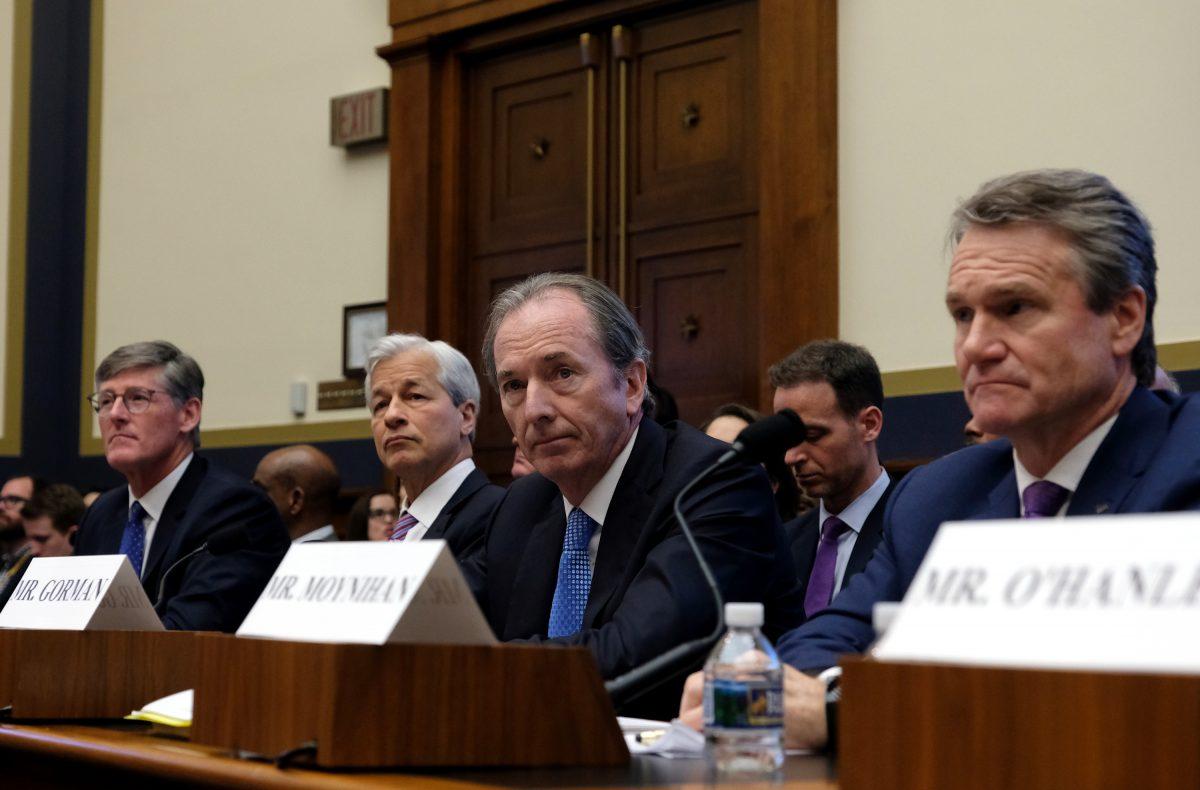 Michael Corbat of Citigroup, Jamie Dimon of JPMorgan Chase, James Gorman of Morgan Stanley, and Brian Moynihan of Bank of America listen during a House Financial Services Committee hearing in Washington, on April 10, 2019. Seven CEOs of the country’s largest banks were called to testify a decade after the global financial crisis. (Alex Wroblewski/file/Getty Images)