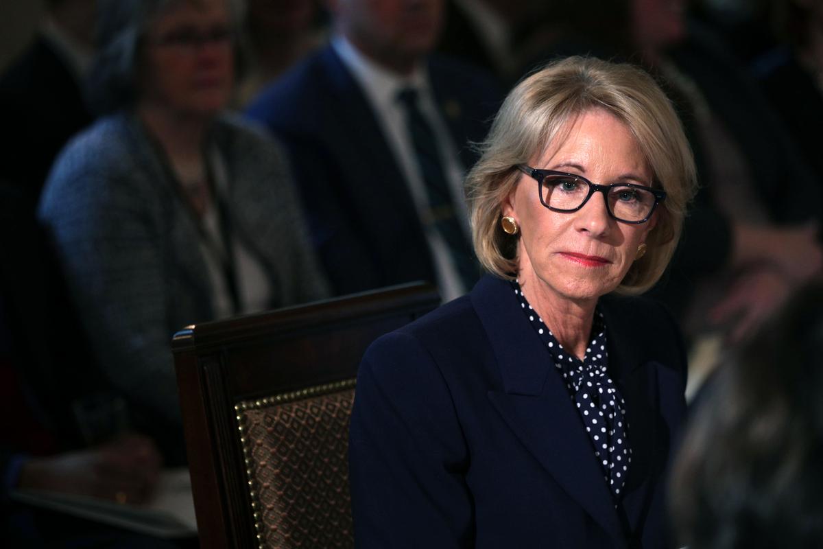 Secretary of Education Betsy DeVos listens during an Interagency Working Group on Youth Programs meeting at the State Dining Room of the White House March 18, 2019 in Washington. (Alex Wong/Getty Images)