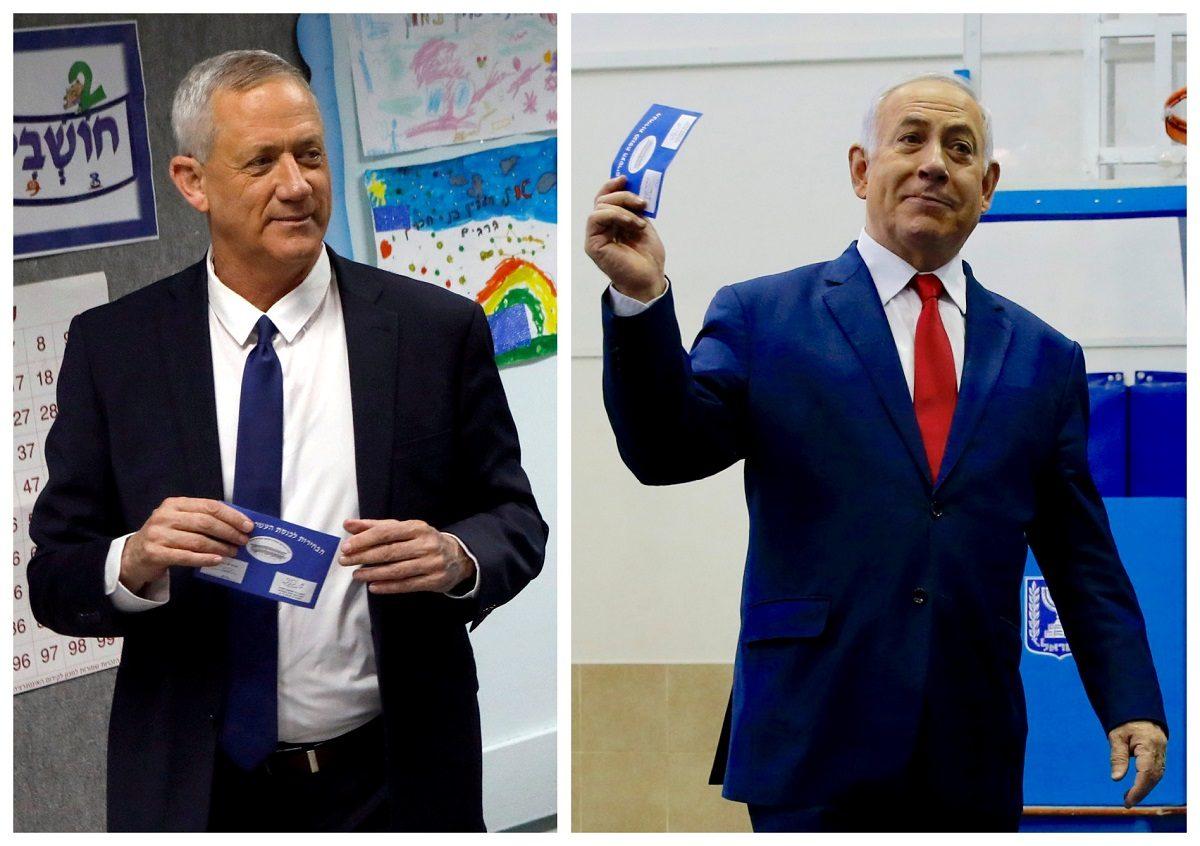 A combination picture shows Benny Gantz (left), leader of Blue and White party voting at a polling station in Rosh Ha'ayin and Israel’s Prime Minister Benjamin Netanyahu voting at a polling station in Jerusalem during Israel's parliamentary election on April 9, 2019. (Nir Elias, Ariel Schalit/Pool via Reuters)