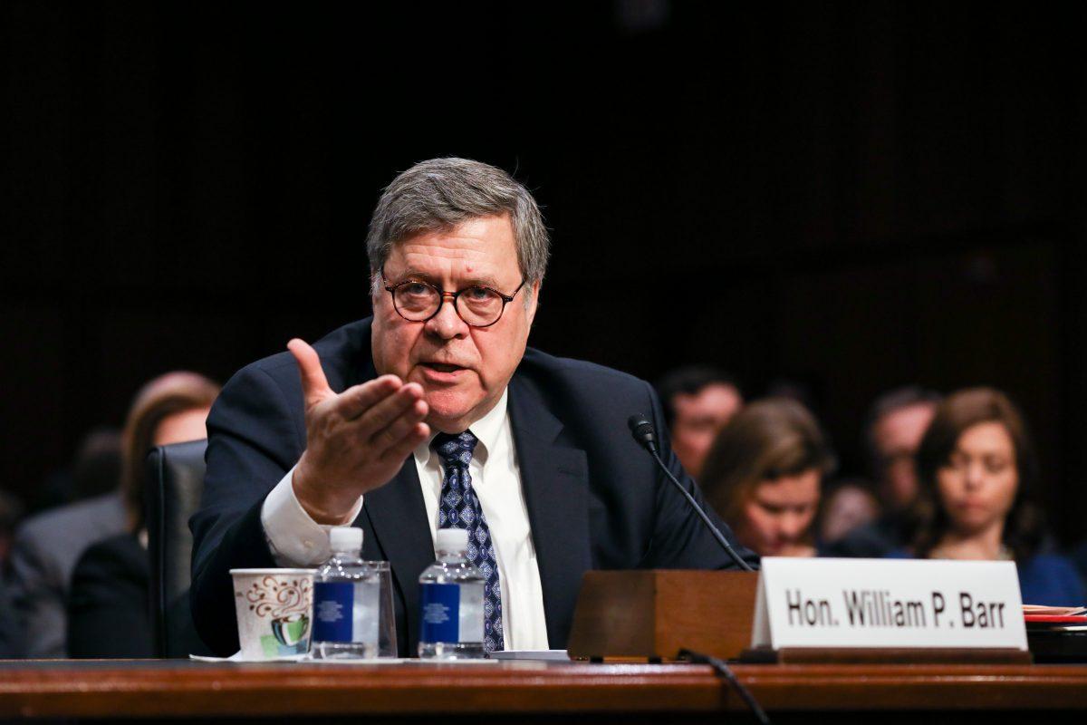 Attorney General nominee William Barr testifies on the first day of his confirmation hearing in front of the Senate Judiciary Committee at the Capitol in Washington on Jan. 15, 2019. (Charlotte Cuthbertson/The Epoch Times)