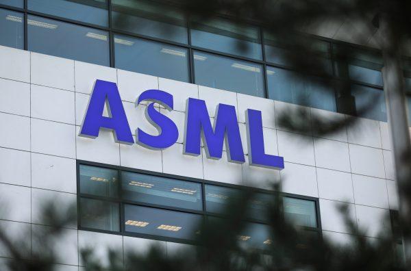 The logo of ASML Holding is pictured on the company's headquarters in Eindhoven, Netherlands, on Jan. 23, 2019. (Eva Plevier/Reuters)