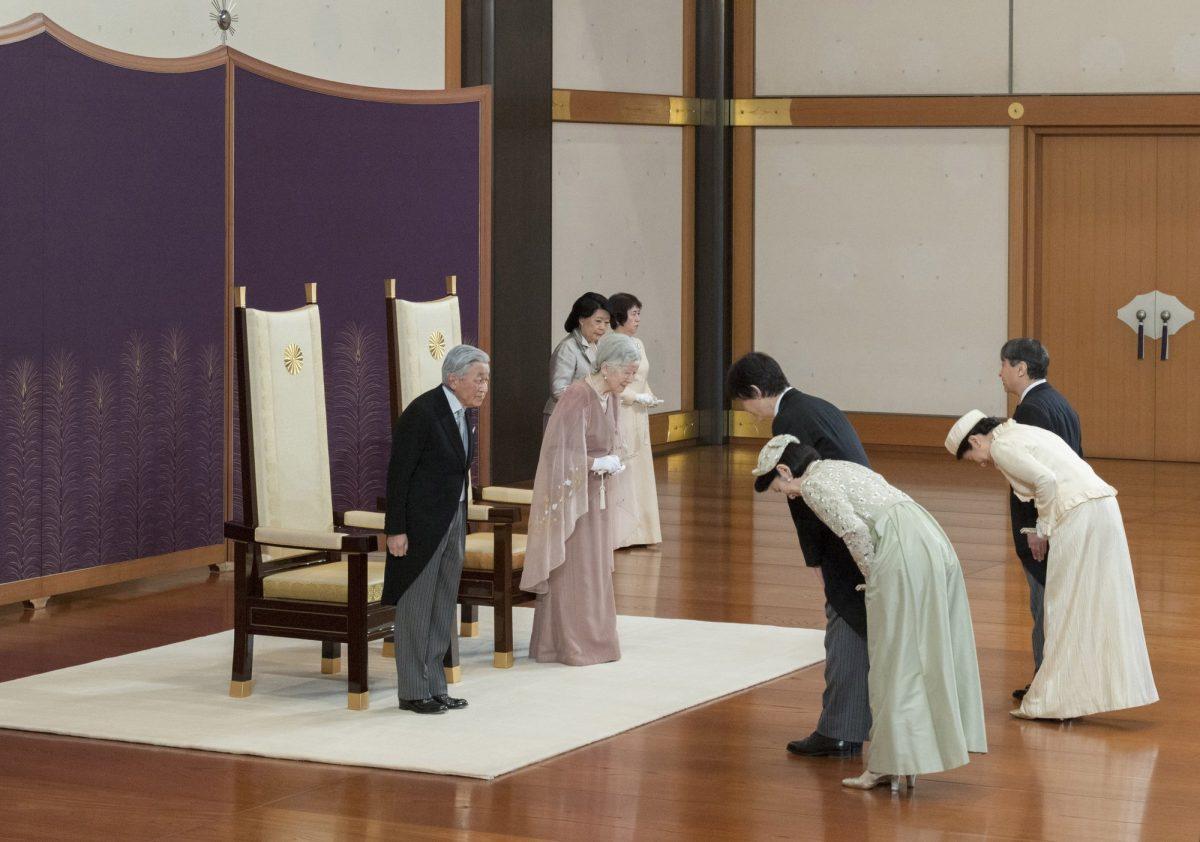 Japan's Emperor Akihito, left, and Empress Michiko, second from left, are greeted by royal members, from right, Crown Prince Naruhito, Crown Princess Masako, Prince Akishino and Princess Kiko during a celebration marking their 60th wedding anniversary at the Imperial Palace in Tokyo, on April 10, 2019. (The Imperial Household Agency of Japan via AP)