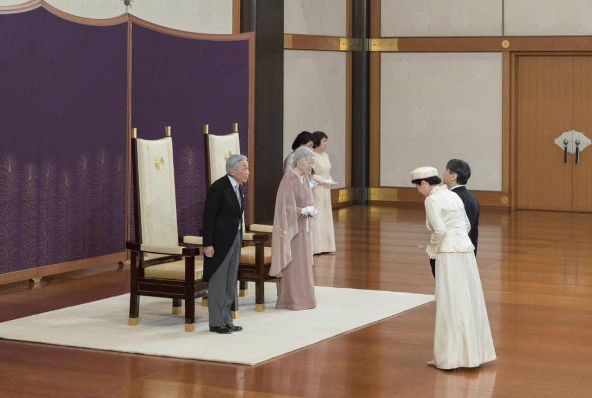 Japan's Emperor Akihito, left, and Empress Michiko, second from left, are greeted by Crown Prince Naruhito, right, and Crown Princess Masako second from right, as they celebrate their 60th wedding anniversary at the Imperial Palace in Tokyo, on April 10, 2019. (The Imperial Household Agency of Japan via AP)