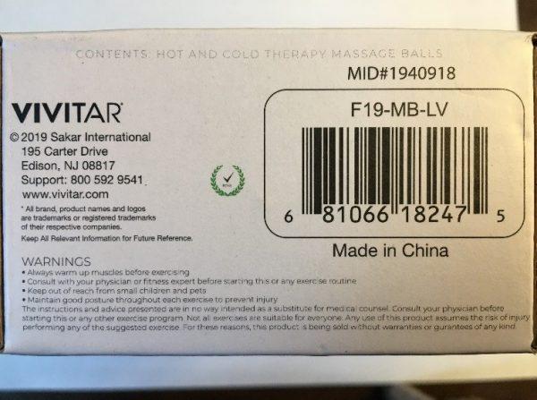 The name "Vivitar", model number, date code, and UPC can be found on the bottom of the Vivitar Hot/Cold Massage Balls packaging. (CPSC)