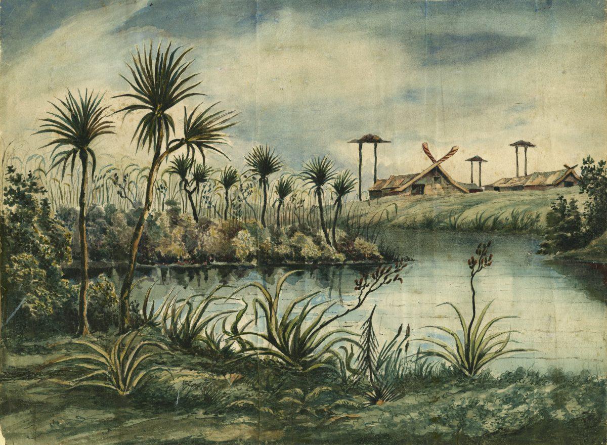 “Scene on the Horotueka (Cam River), Kaiapoi Pa Canterbury,” 1855, by Charles Haubroe. Watercolor. (Canterbury Museum)
