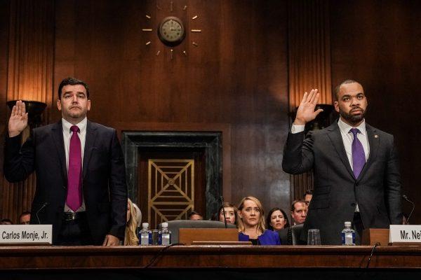 Carlos Monje, Jr., Twitter director of Public Policy and Philanthropy for U.S. & Canada and Facebook policy director Neil Potts sworn in before testifying at Senate Judiciary Constitution Subcommittee hearing titled "Stifling Free Speech: Technological Censorship and the Public Discourse," on Capitol Hill in Washington, on April 10, 2019. (Jeenah Moon/Reuters)