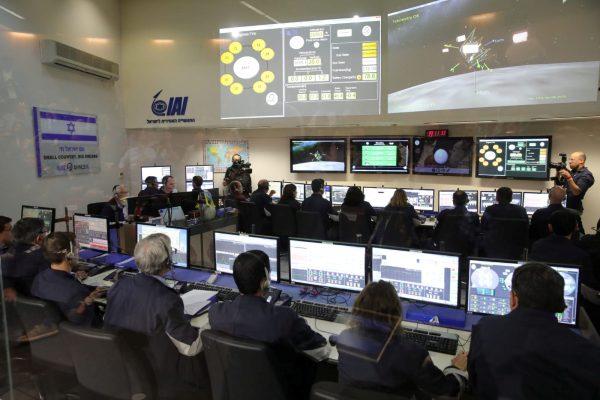 Members of the Israel spacecraft, Beresheet, are seen in the control room in Yahud, Israel, on April 11, 2019. (Space IL/Handout/Reuters)