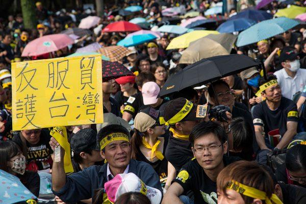 A protester holds up a sign at a rally opposing the contentious cross-Strait trade agreement with China, in Taipei, Taiwan, on March 30, 2014. (Lam Yik Fei/Getty Images)