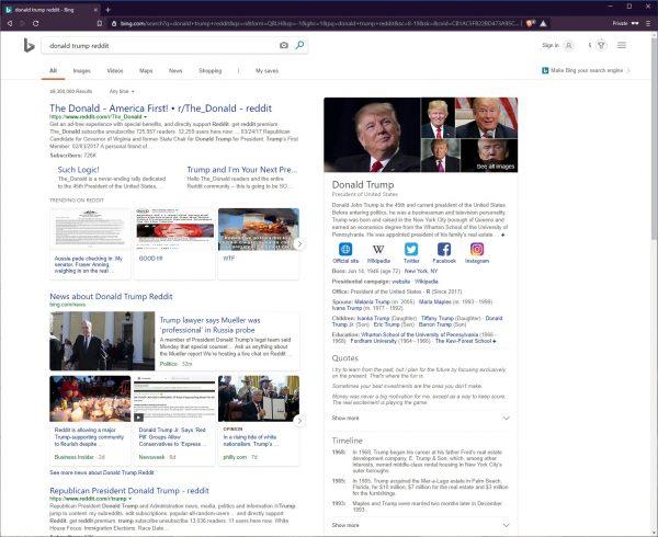Bing search results for the words "donald trump reddit" as shown on March 25, 2019. (Screenshot via Bing)