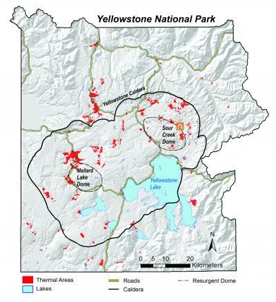 Map of thermal areas in Yellowstone National Park. Most of Yellowstone's more than 10,000 thermal features are clustered together into about 120 distinct thermal areas (shown in red). Lakes are blue. The Yellowstone Caldera is solid black and the resurgent domes are dotted black. Roads are yellow. The orange box shows the location of the Tern Lake thermal area. (USGS)