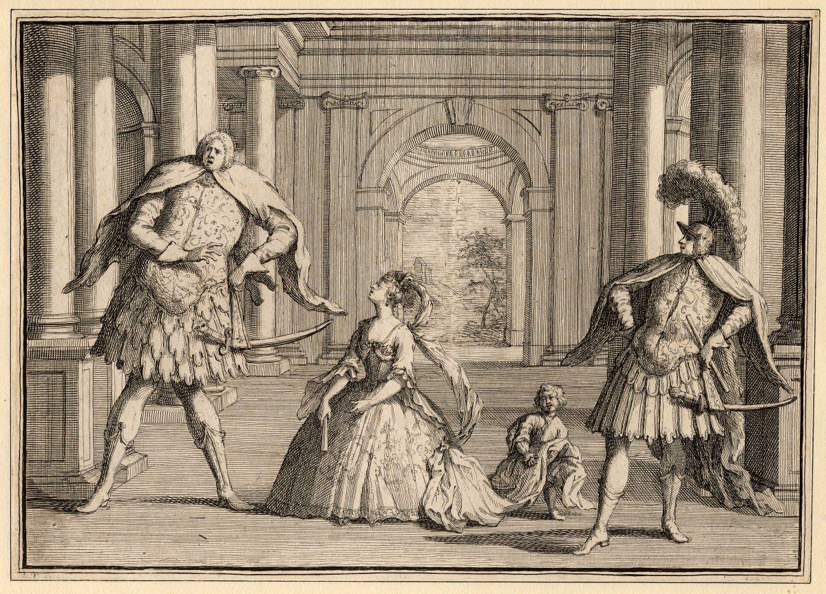 A caricature of a performance of Handel's opera “Flavio,” featuring the diva Francesca Cuzzoni in the center. (Public Domain)