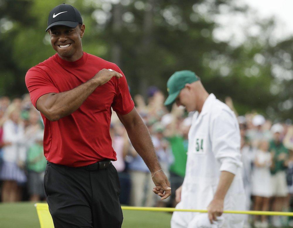 Tiger Woods reacts as he wins the Masters golf tournament in Augusta, Ga., on April 14, 2019. (Chris Carlson/AP Photo)