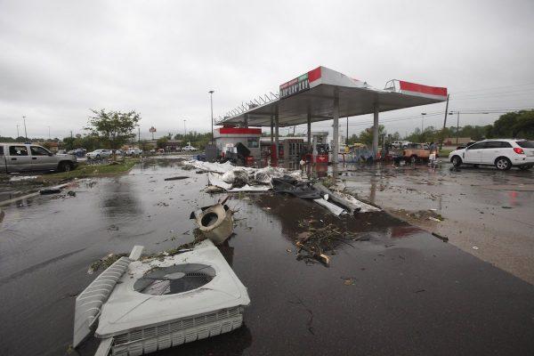A gas station is damaged following severe weather in Vicksburg, Miss., on April 13, 2019. (Courtland Wells/The Vicksburg Post via AP)