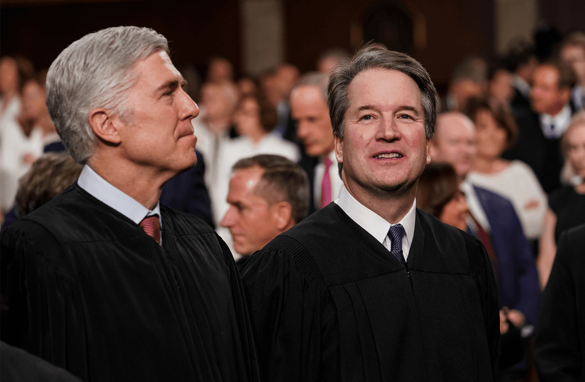Supreme Court Justices Neil Gorsuch (L) and Brett Kavanaugh attend the State of the Union address in the chamber of the U.S. House of Representatives at the U.S. Capitol Building in Washington on Feb. 5, 2019. (Doug Mills-Pool/Getty Images)