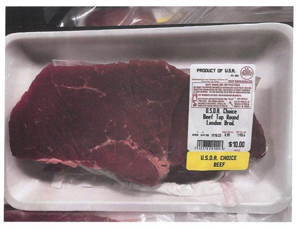 "U.S.D.A. Choice Beef Top Round London Broil" processed by Denver Processing LLC subject to the USDA recall announced April 12, 2019. (USDA)