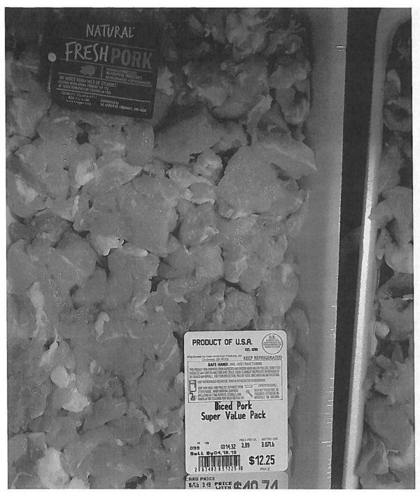 "Diced Pork Super Value Pack" processed by Denver Processing LLC subject to the USDA recall announced April 12, 2019. (USDA)