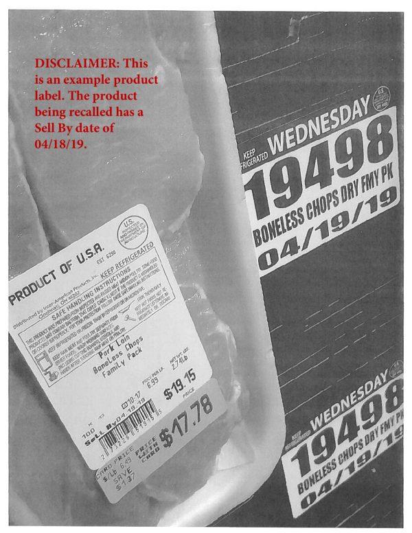 "Pork Loin Boneless Chops Family Pack" processed by Denver Processing LLC subject to the USDA recall announced April 12, 2019. (USDA)