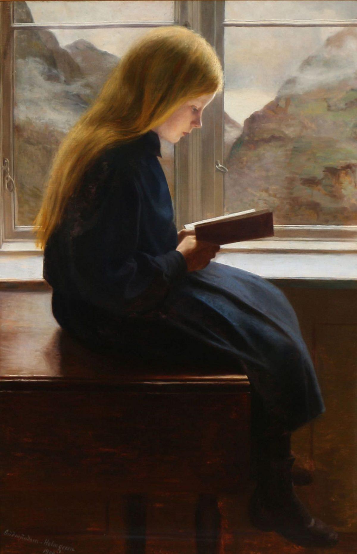 “A Little Girl Reading,” 1900, by Johan Gudmundsen-Holmgreen. (Public Domain)