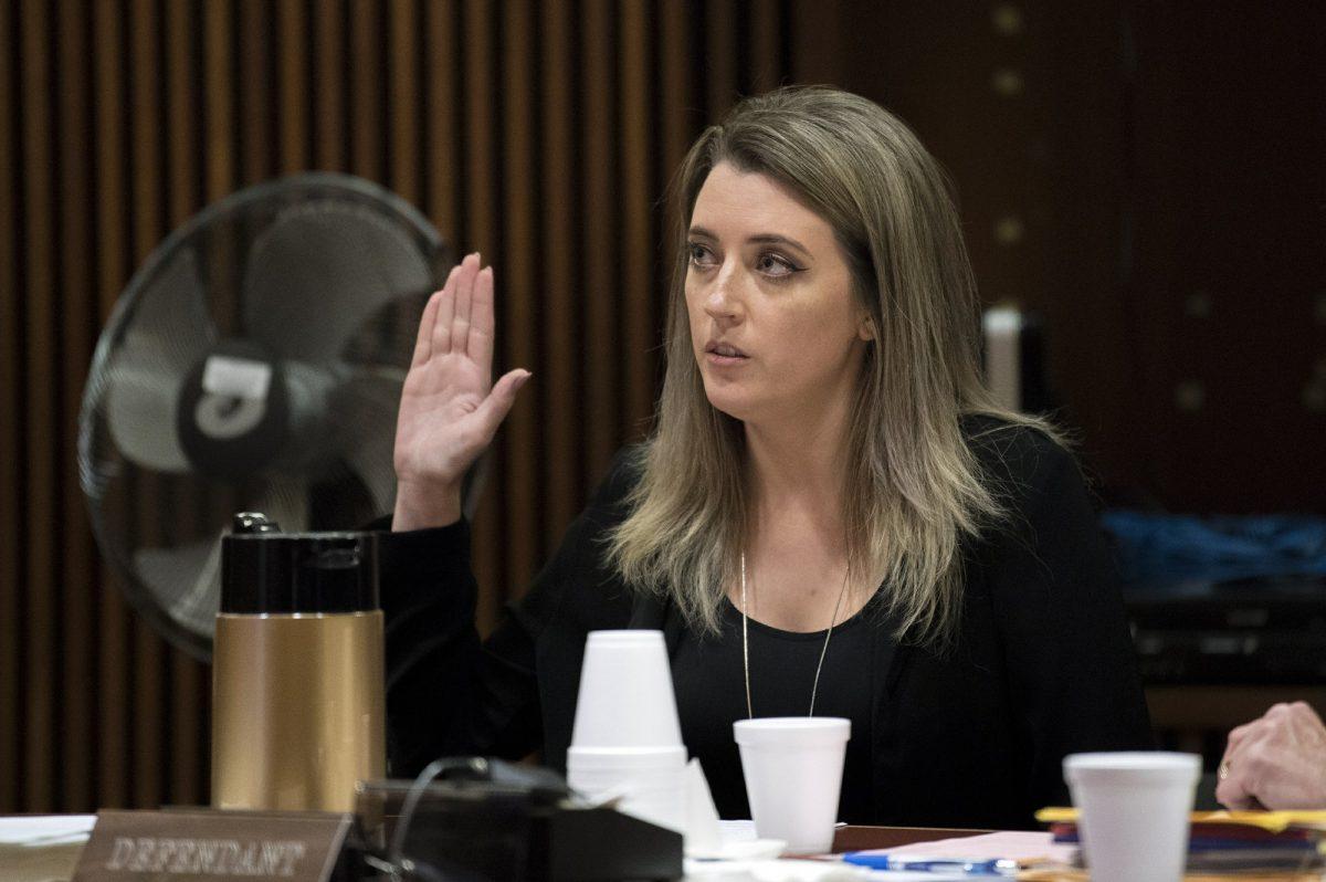 Kate McClure appears in court at Burlington County Superior Court in Mount Holly, N.J., on on April 15, 2019. (Joe Lamberti/Camden Courier-Post via AP, Pool)