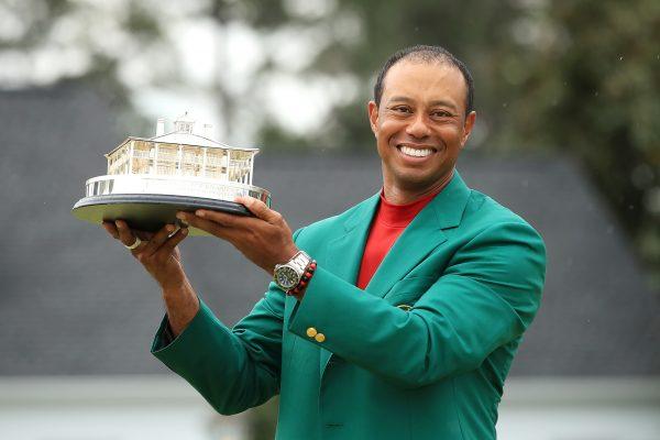 American Golf Champion Tiger Woods holds the Masters Trophy at Augusta National Golf Club in Augusta, Ga., on April 14, 2019. (Andrew Redington/Getty Images)
