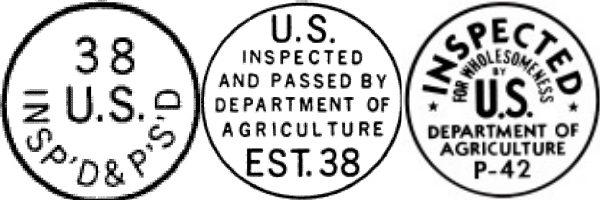 From left to right, the USDA inspection marks on raw meat, processed products, and raw poultry. (USDA)