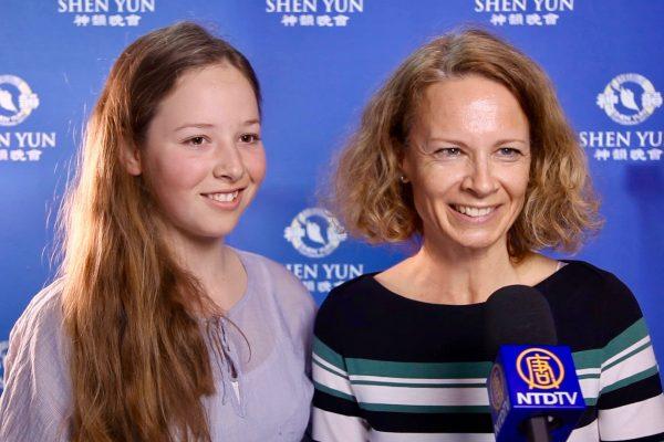 Daniela Bernstein and daughter will need some time to absorb all they had seen at Zurich's Theater 11 on April 13, 2019. (NTD Television)