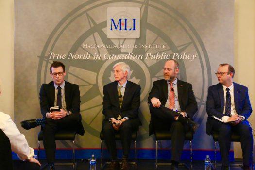 (L–R) Jonathan Berkshire Miller, David Kilgour, J. Michael Cole, and Scott Simon take part in a Macdonald-Laurier Institute panel in Ottawa on April 16, 2019. (Jonathan Ren/NTDTV)