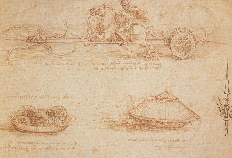 A design for an armored car at bottom left and center. (Public Domain)