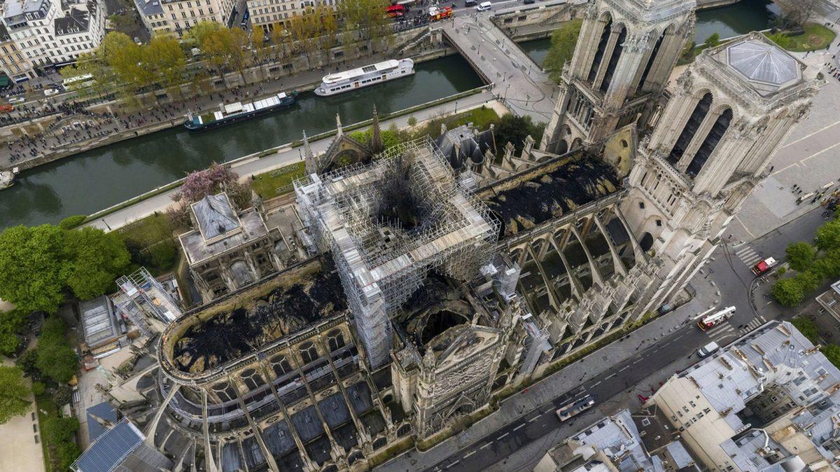 An image made available by Gigarama.ru on April 17, 2019, shows an aerial shot of the fire damage to Notre Dame cathedral in Paris, France, on April 16. (Gigarama.ru via AP)