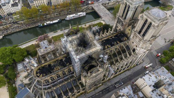 An image made available by Gigarama.ru on April 17, 2019, shows an aerial shot of the fire damage to Notre Dame cathedral in Paris on April 16. (Gigarama.ru via AP)