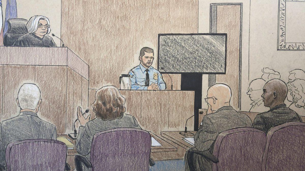 This courtroom sketch depicts Minneapolis police officer Matthew Harrity, center, as he testifies on April 18, 2019, in Minneapolis, Minn., during the murder trial of former Minneapolis police officer Mohamed Noor, his former partner, who fatally shot an unarmed Australian woman, Justine Ruszczyk Damond, in July, 2017, after she called 911 to report a possible sexual assault behind her home. (Cedric Hohnstadt via AP)
