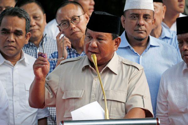 Indonesian presidential candidate Prabowo Subianto speaks to the media after polls closed in Jakarta, Indonesia, on April 17, 2019. (Willy Kurniawan/Reuters)