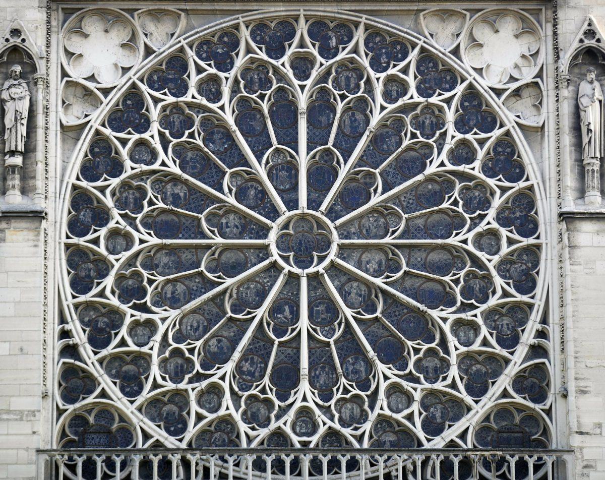 One of the iconic stained glass windows of the Notre Dame Cathedral in Paris, on April 17, 2019. (Francois Mori/AP Photo)