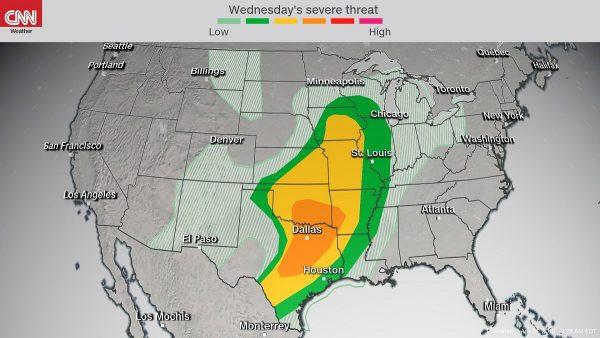 The storms, expected to organize Wednesday afternoon across the southern Plains, will become more widespread in the evening and into the night , on April 16, 2019. (CNN)