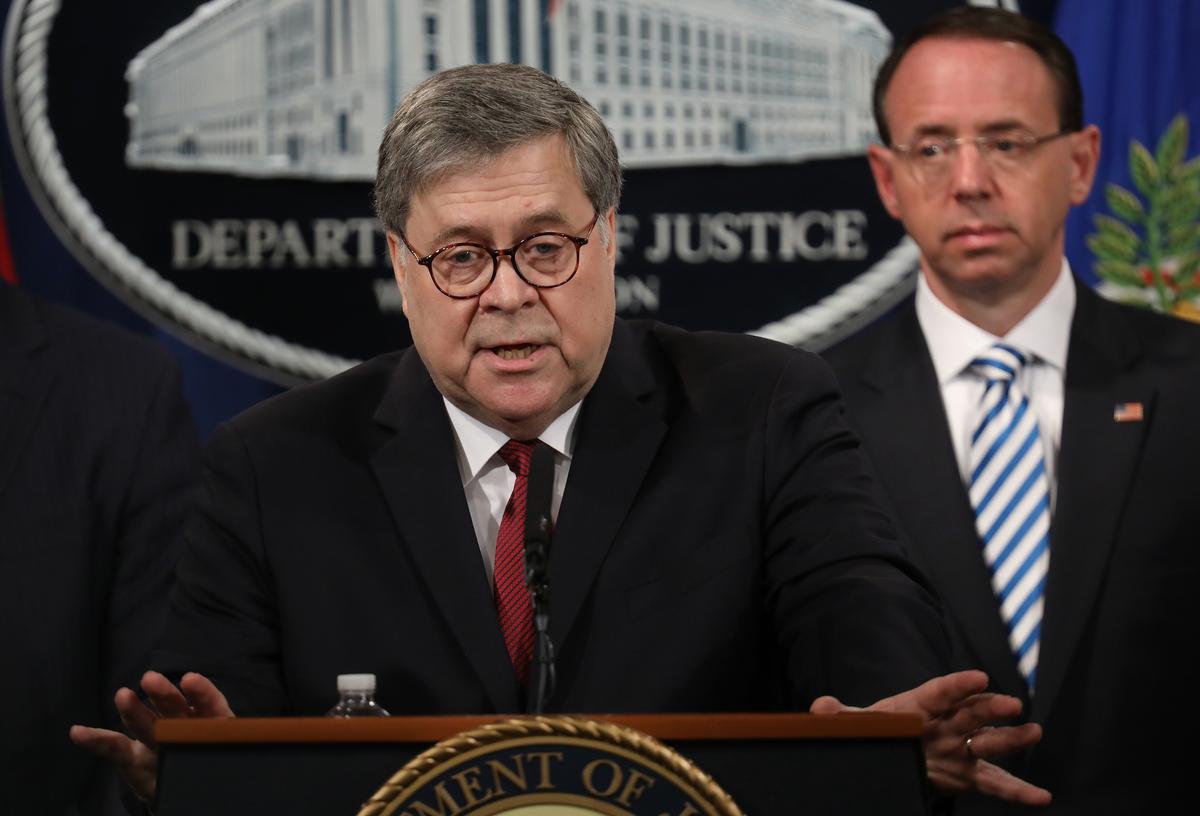 Attorney General William Barr speaks during a press conference on the release of the redacted version of the Mueller report at the Department of Justice April 18, 2019 in Washington. (Win McNamee/Getty Images)