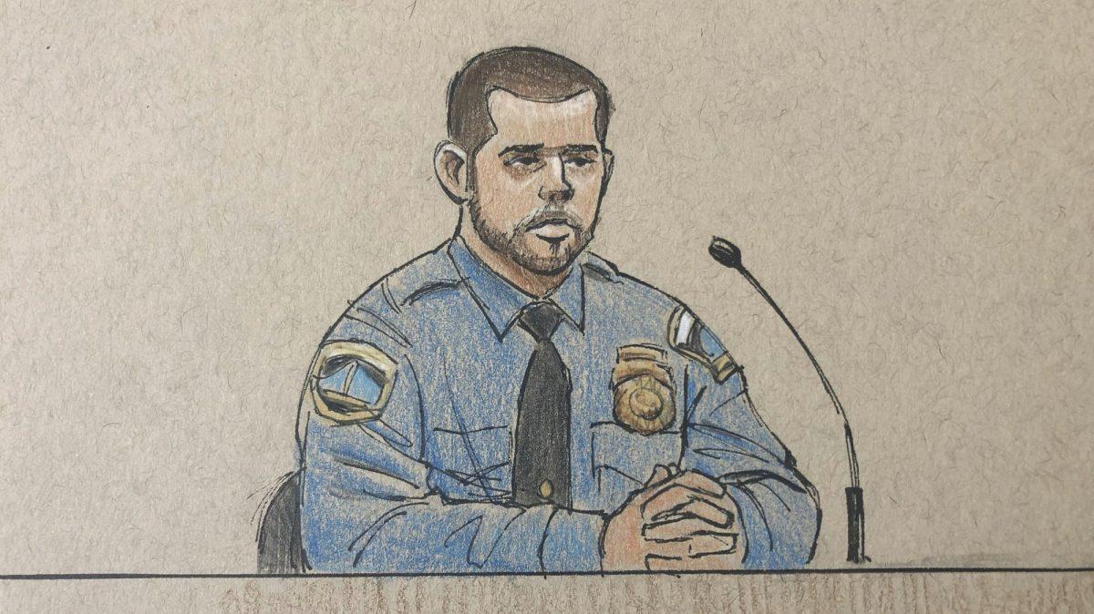 This courtroom sketch depicts Minneapolis police officer Matthew Harrity as he testifies in Minneapolis, Minn., on April 18, 2019.(Cedric Hohnstadt via AP)