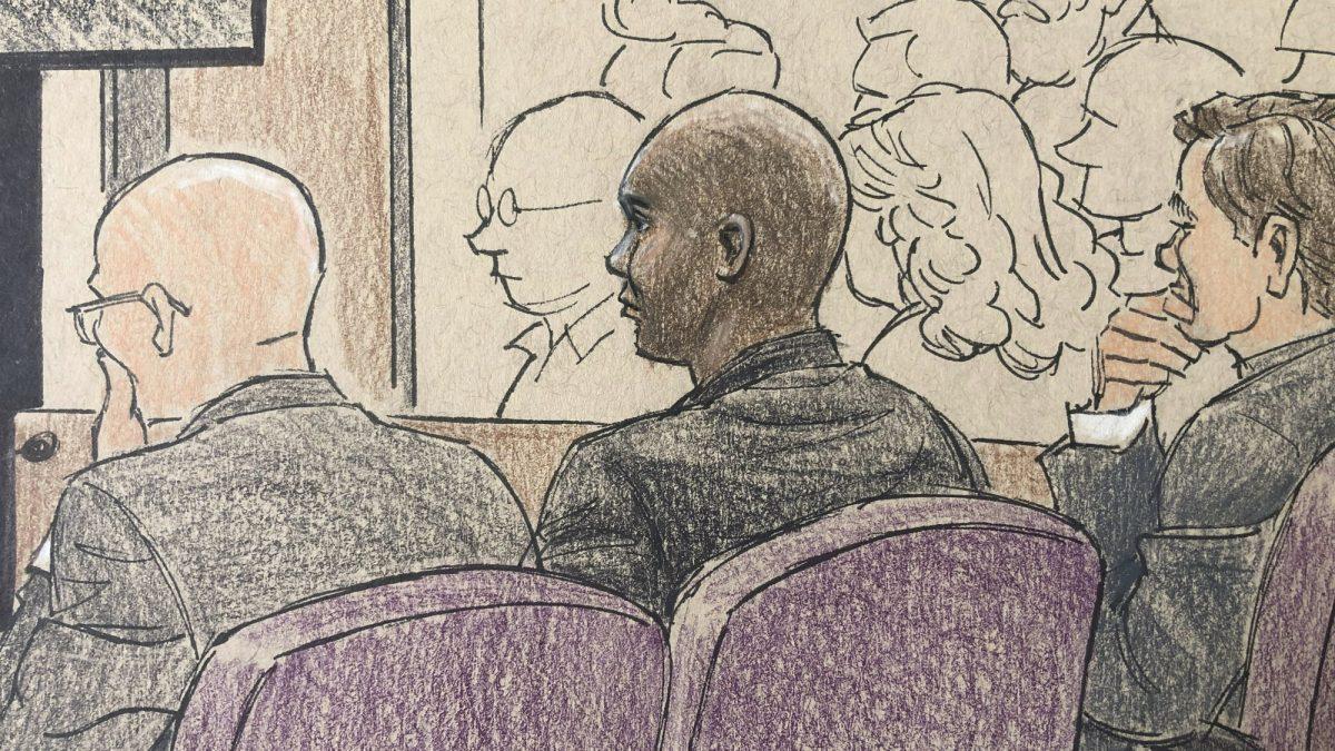 This courtroom sketch depicts former Minneapolis police officer Mohamed Noor, center, and his attorneys Thomas Plunkett, left, and Peter Wold, as they listen to Minneapolis police officer Matthew Harrity, as Harrity testifies in Minneapolis, Minn., on April 18, 2019 (Cedric Hohnstadt via AP)