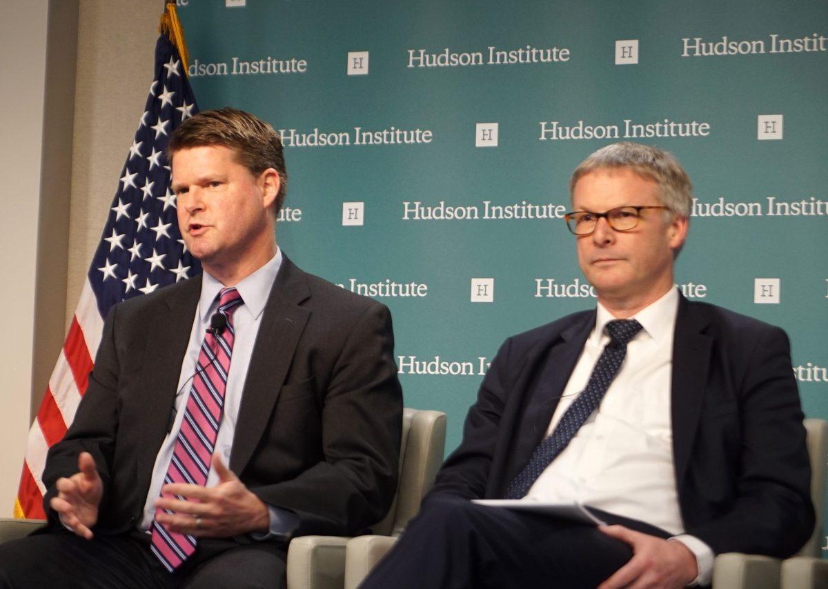 (L-R) Randall Schriver, U.S. assistant secretary of defense for Indo-Pacific Security Affairs, and Jeppe Tranholm-Mikkelsen, secretary-general of the Council of the European Union, at the Hudson Institute in Washington on April 16. (Jennifer Zeng/The Epoch Times)