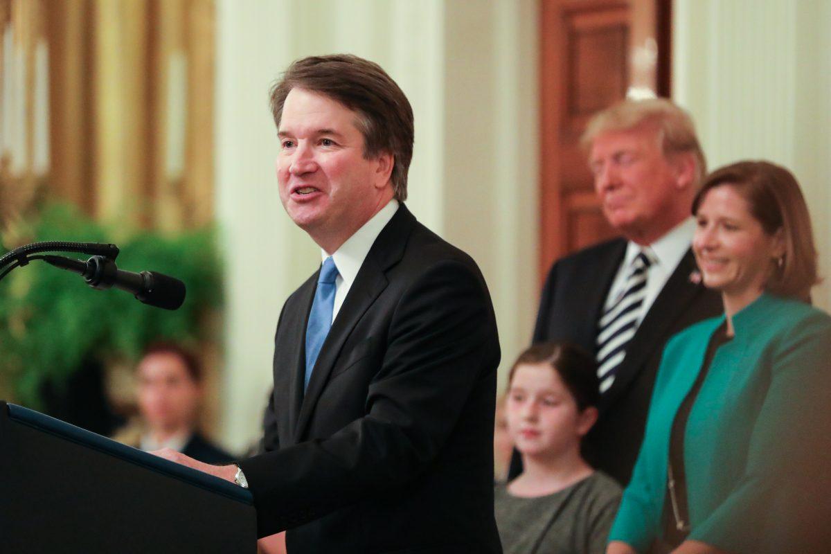 Brett Kavanaugh speaks after being sworn-in as associate justice of the Supreme Court at the White House in Washington on Oct. 8, 2018. (Holly Kellum/The Epoch Times)