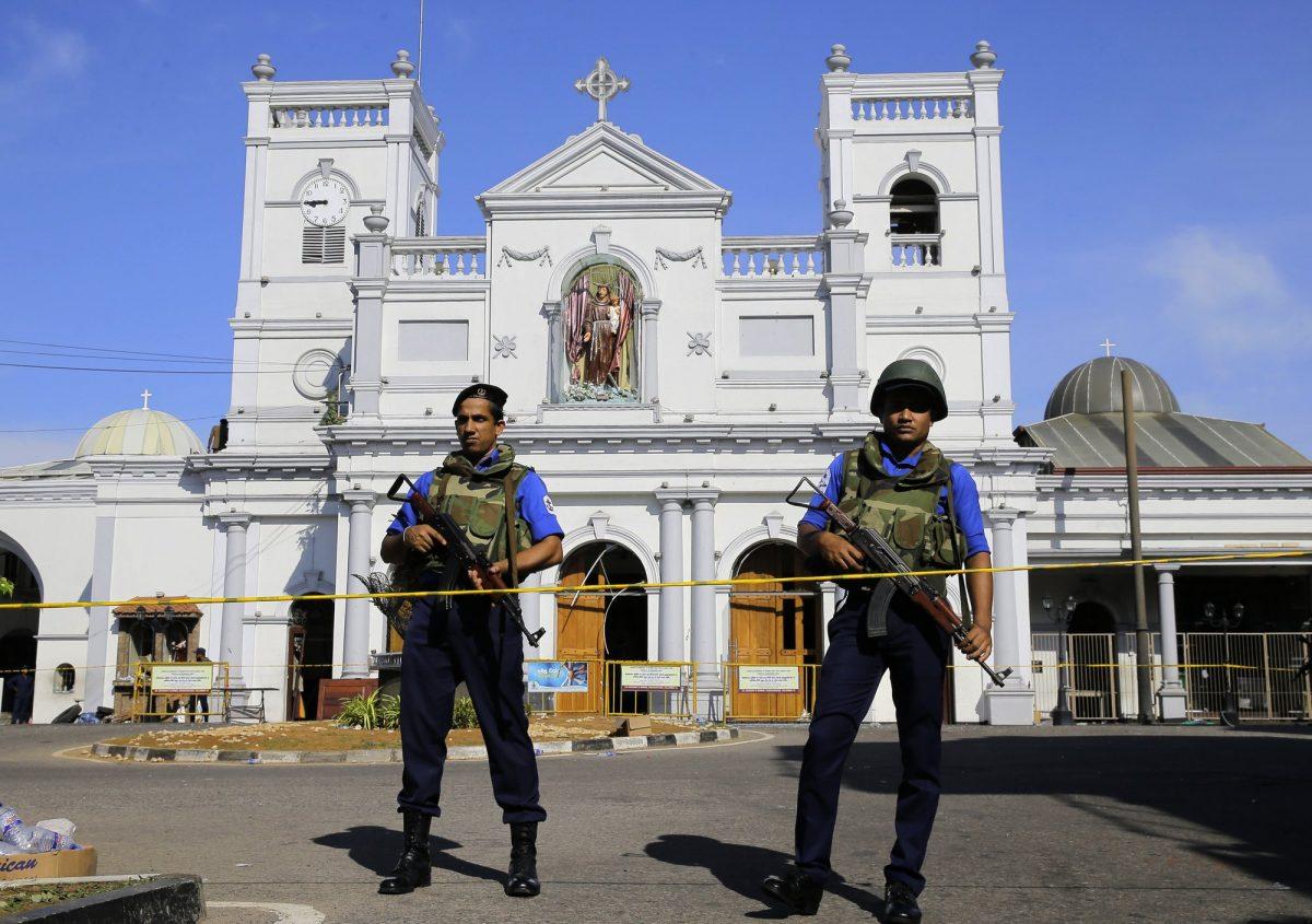 Sri Lankan Navy soldiers stand guard in front of the St. Anthony's Shrine a day after the series of blasts, in Colombo, Sri Lanka, on April 22, 2019. (Eranga Jayawardena/AP Photo)