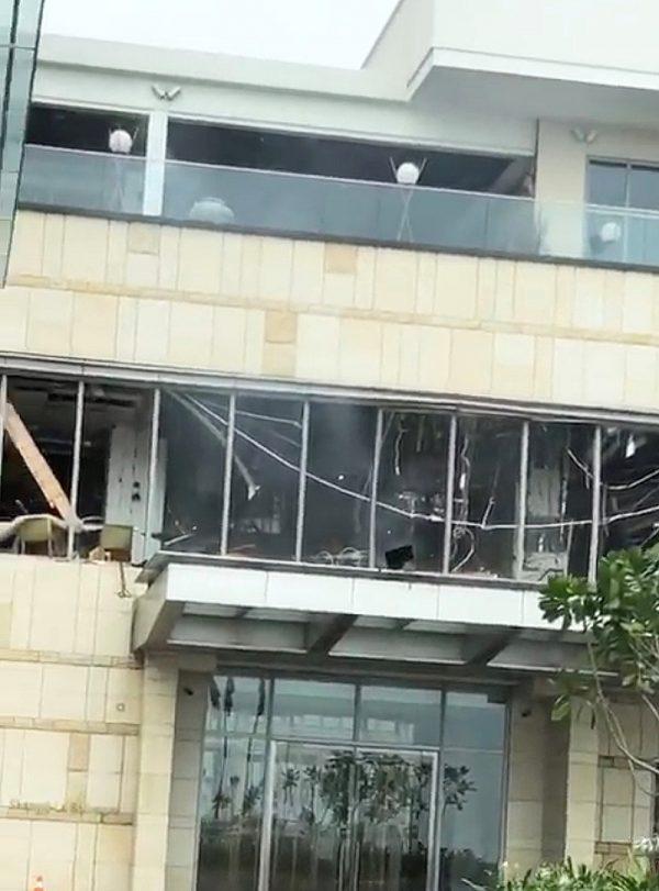Damage is seen at Shangri-La hotel after explosions hit churches and hotels in Colombo, Sri Lanka, on April 21, 2019. (@BHANOOB/Still image via Reuters)
