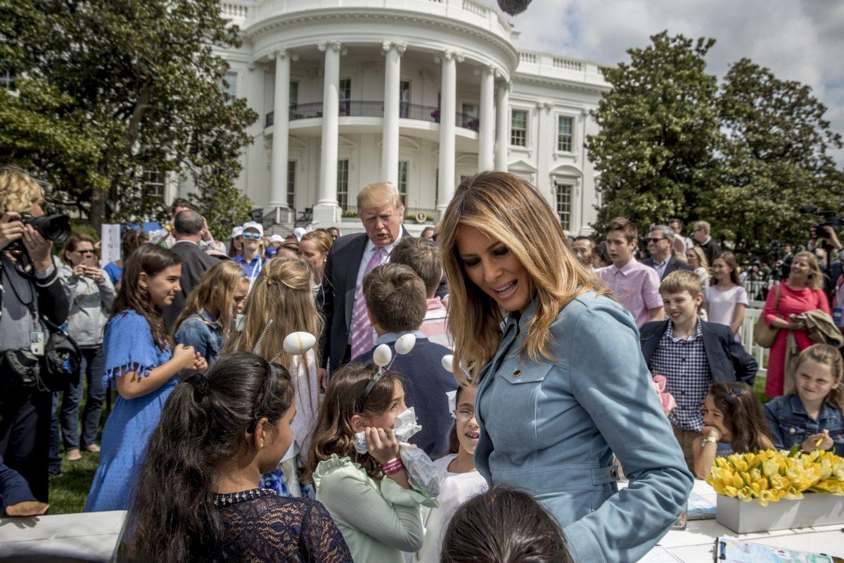 President Donald Trump and first lady Melania Trump greet children during the annual White House Easter Egg Roll on the South Lawn of the White House in Washington, on April 22, 2019. (Andrew Harnik/AP Photo)