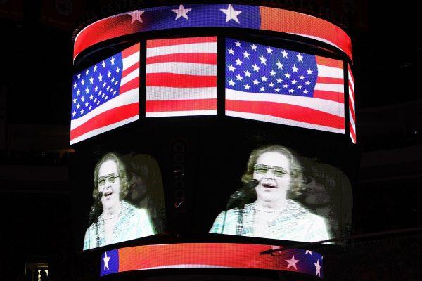 Singer Kate Smith is seen on the screen before Game Six of the 2010 NHL Stanley Cup Final between the Chicago Blackhawks and the Philadelphia Flyers at the Wachovia Center in Philadelphia, Pennsylvania, on June 9, 2010. (Andre Ringuette/Getty Images)