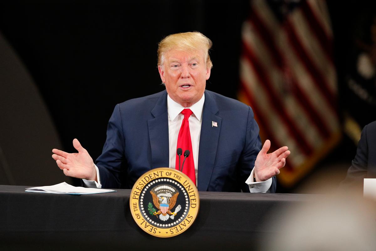 President Donald Trump speaks at a roundtable on the economy and tax reform at Nuss Trucking and Equipment in Burnsville, Minn., on April 15, 2019. (Adam Bettcher/Getty Images)