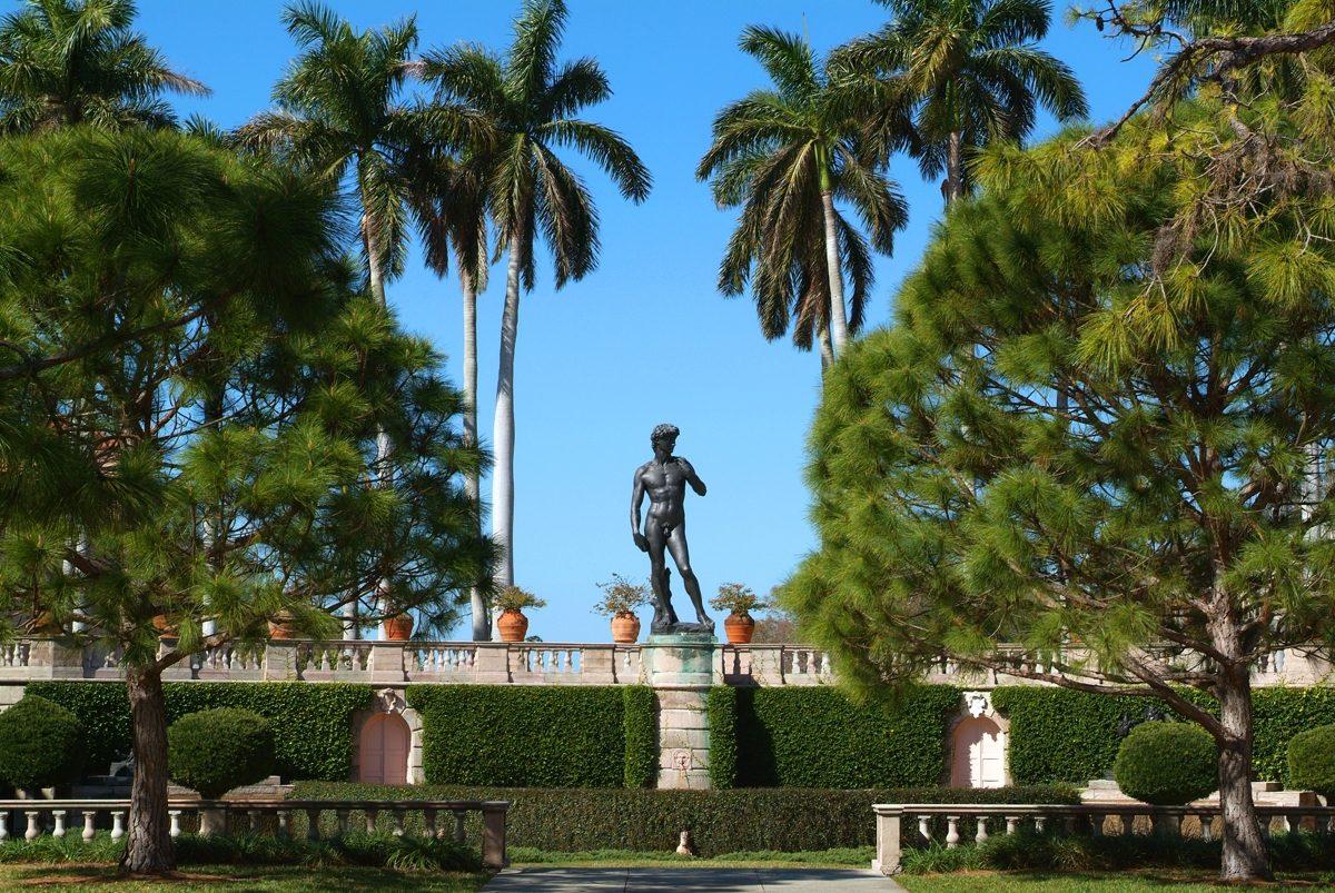 A cast of Michelangelo’s “David” stands between The Ringling’s palms. (The John and Mable Ringling Museum of Art)