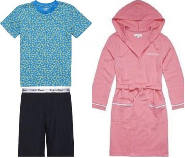 Calvin Klein Boys Modern Cotton Woven Pajama Set (L) and Calvin Klein Girls Modern Cotton Hooded Robe. (Health Canada)