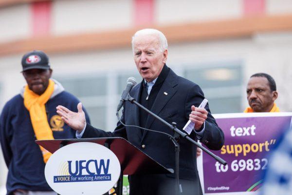Former Vice President Joe Biden in front of a Stop & Shop in support of union workers on April 18, 2019, in Dorchester, Mass. (Scott Eisen/Getty Images)
